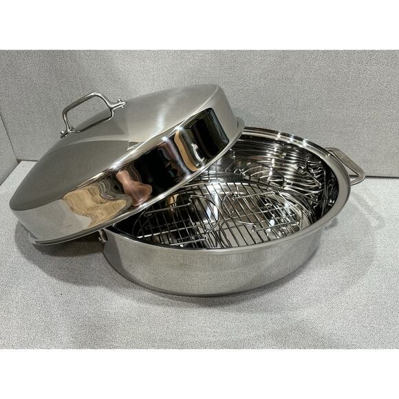 All Clad Stainless-Steel Oval 10 Qt Roaster Pan W/trivet & LID 18/10 Tri Ply - Picture 2 of 7
